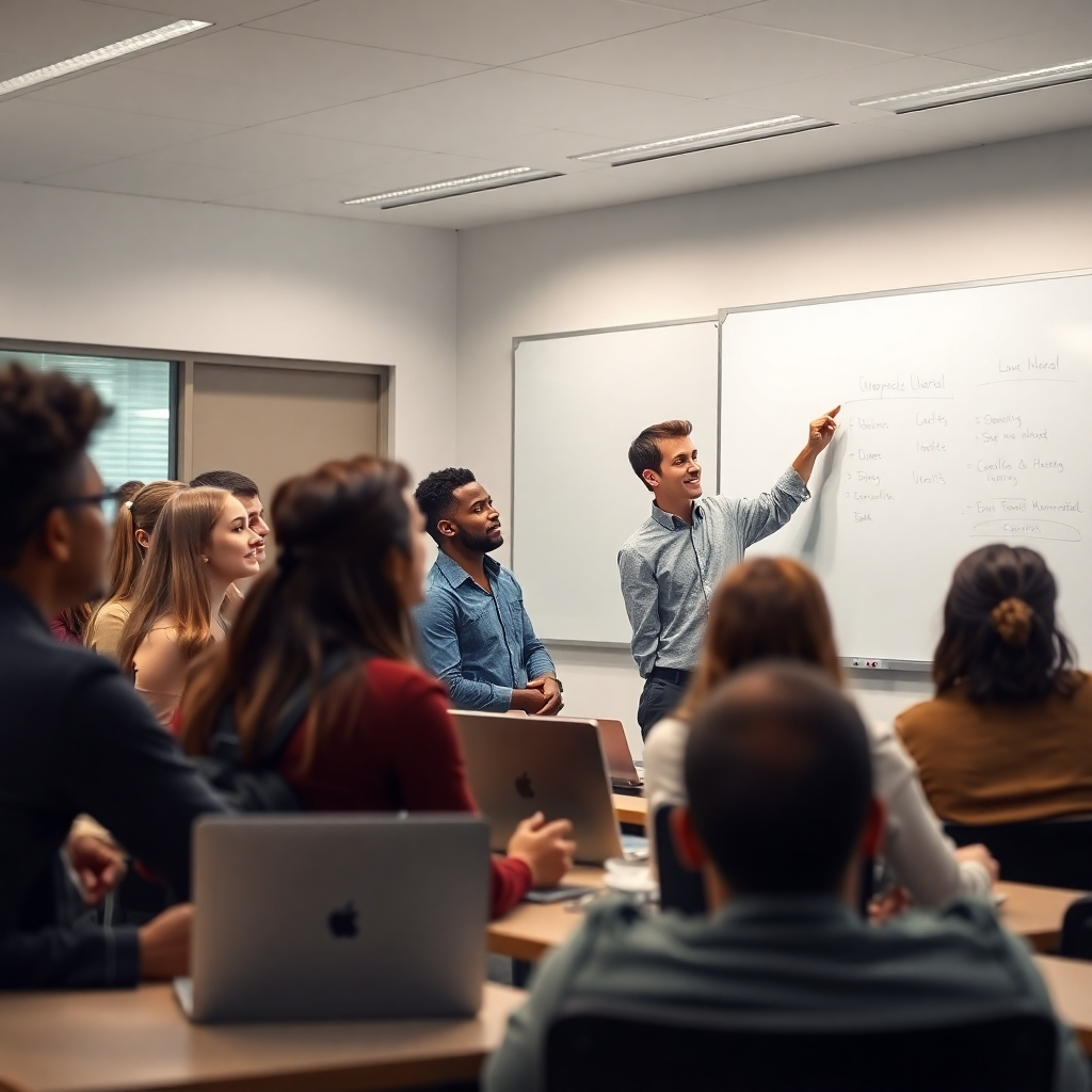 A photorealistic image of a diverse group of students attentively listening to an instructor who is passionately explaining a concept on a whiteboard in a modern, well-lit classroom. The instructor should be engaging and approachable, making eye contact with the students. The classroom should be equipped with modern technology, such as laptops and projectors.  The overall mood should convey a sense of collaborative and engaging learning.