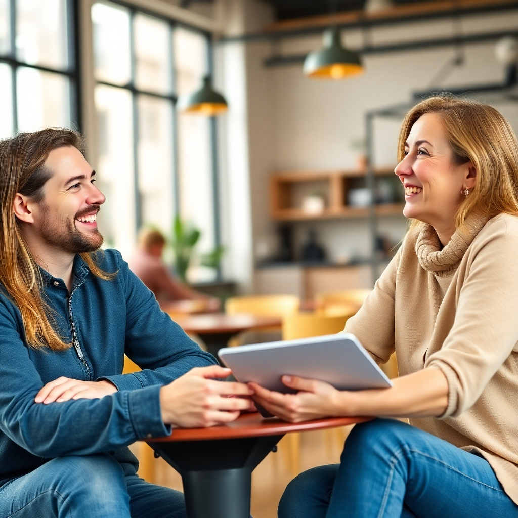 A photorealistic image of a friendly, professional content writer smiling warmly and engaging in a positive conversation with a happy client. They are sitting in a comfortable yet professional setting, like a modern cafe or co-working space, showcasing the personalized, collaborative nature of the work. The scene should be bright, airy and natural, communicating approachability and trust. The overall mood should convey a positive, client-centric approach to the content creation process.