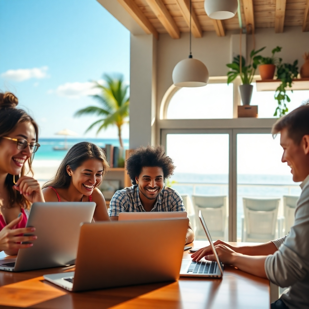 A photorealistic image of a happy, diverse group of people working on laptops in various locations: a sunny beach, a cozy coffee shop, and a modern home office.  Bright, natural lighting, emphasizing freedom and flexibility.