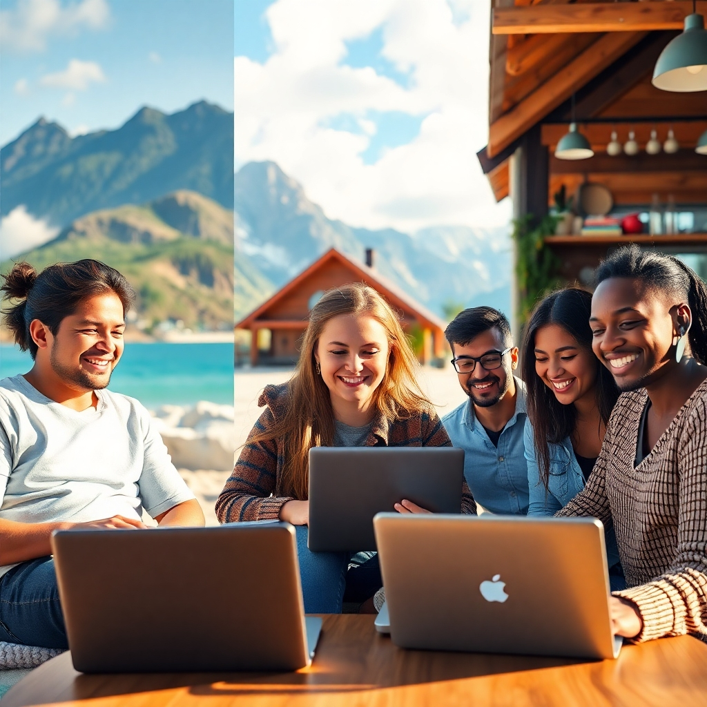 A photorealistic image of a happy, diverse group of people working on laptops in various scenic locations, like a beach, a mountain cabin, and a coffee shop.  They appear relaxed and engaged, showcasing a blend of professional work and personal leisure. The image should convey freedom and flexibility.