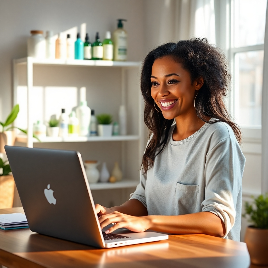 A photorealistic image of a happy woman working on her laptop in a sunlit home office.  Health, beauty, and home care products are neatly displayed on a shelf in the background. She's smiling and looks relaxed and in control. The atmosphere should be calm and productive.