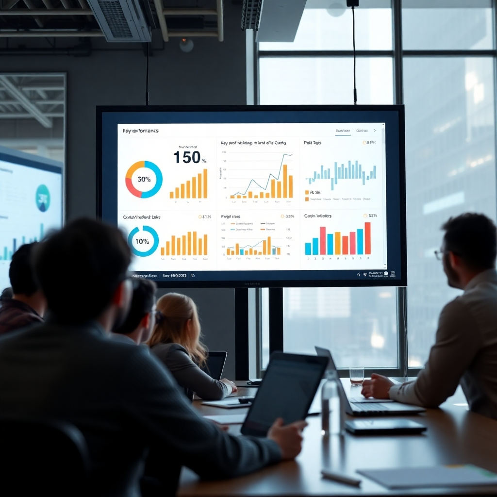 A photorealistic image of a large screen displaying key performance indicators (KPIs) and data visualizations from a content marketing campaign. The background subtly shows a team of marketers analyzing data and collaborating, while the screen emphasizes clear, impactful results.