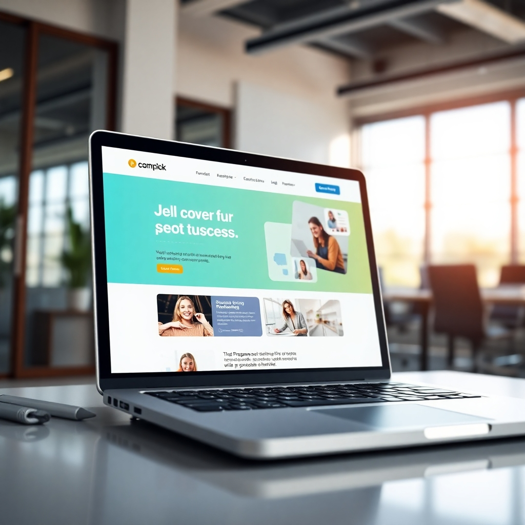 A photorealistic image of a laptop displaying a website with a vibrant color scheme and clean design.  The website showcases success stories and program details. The background should be a modern, minimalist office setting with natural light streaming in. The overall mood should be optimistic and energetic, conveying a sense of growth and opportunity.