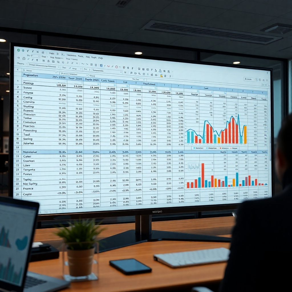 A photorealistic image of a large, detailed spreadsheet displaying financial projections, charts, and graphs on a high-resolution screen. The spreadsheet should be visually appealing and easy to understand, with clear labels and color-coding to highlight key data points. The background should be a professional office setting, subtly suggesting a serious and analytical approach to financial planning.