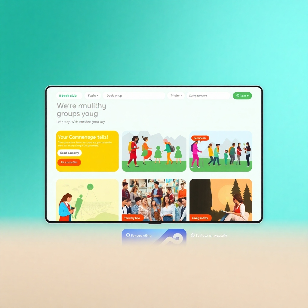 A photorealistic image of a modern, clean website interface showcasing diverse community groups (e.g., book club, hiking group, coding community) with their own sections, linked by a central navigation bar. Each section should feature vibrant colors and imagery representing its unique theme.  Use a clean, minimalist design with a focus on user-friendliness. The overall feel should be welcoming and inclusive.  The background should subtly blend with the various community sections.