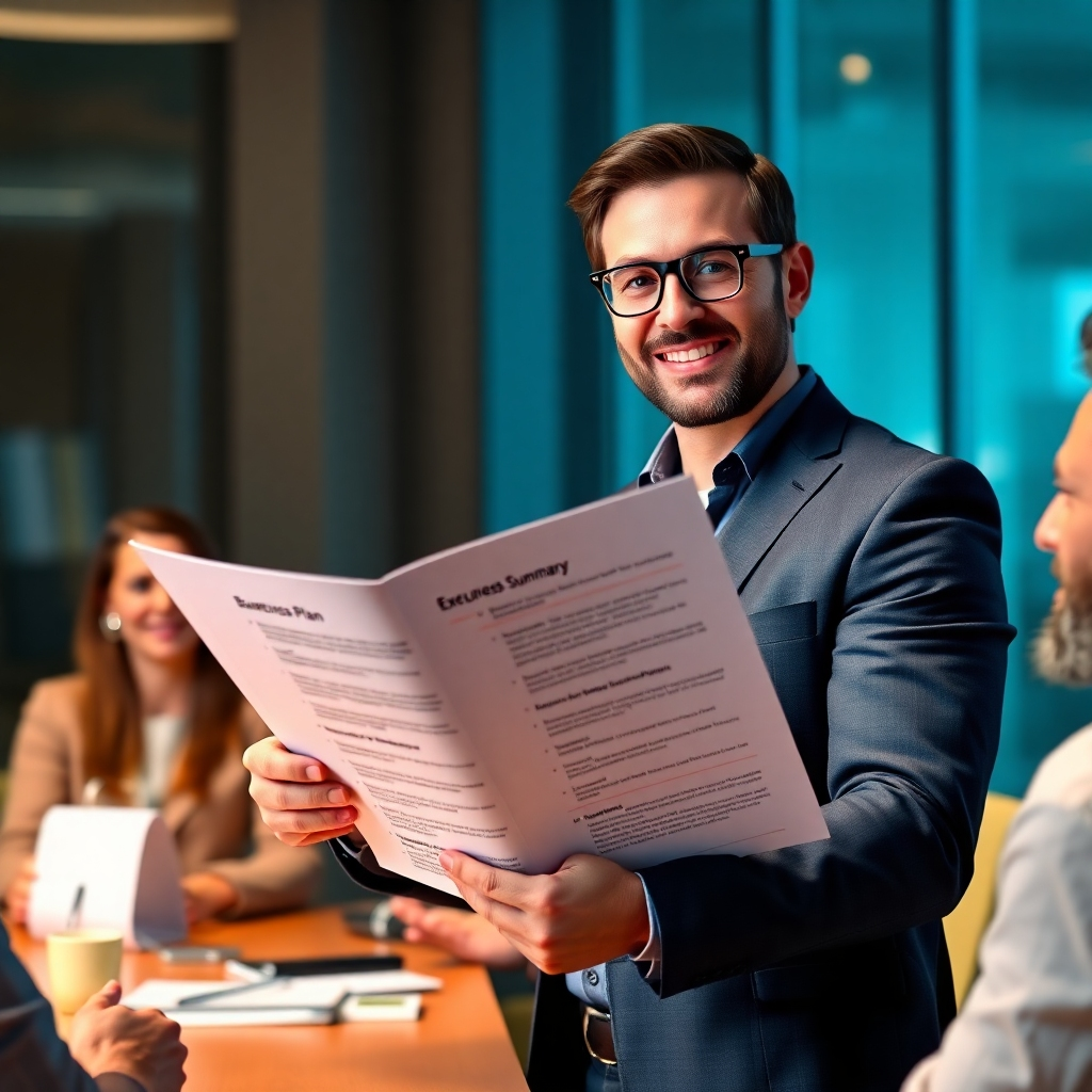 A photorealistic image of a person confidently presenting a sleek, modern business plan to a group of investors. The focus should be on the executive summary section, clearly visible and highlighting key business points.  The atmosphere should feel professional, engaging, and successful.