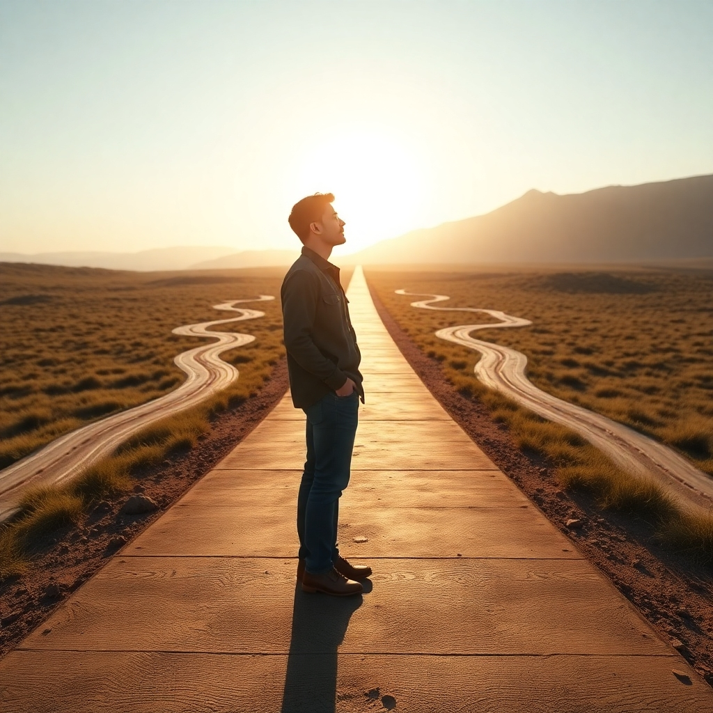 A photorealistic image of a person standing at a crossroads, looking thoughtful and reflective, with multiple paths diverging into a bright, sunlit future. The paths should be subtly marked with symbols representing different skills or life choices. The overall mood should be optimistic and hopeful, conveying a sense of possibility and empowerment.