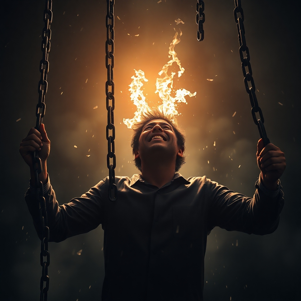 A photorealistic image of a person breaking free from chains made of negative thoughts and self-doubt; dramatic lighting and a sense of liberation and empowerment.