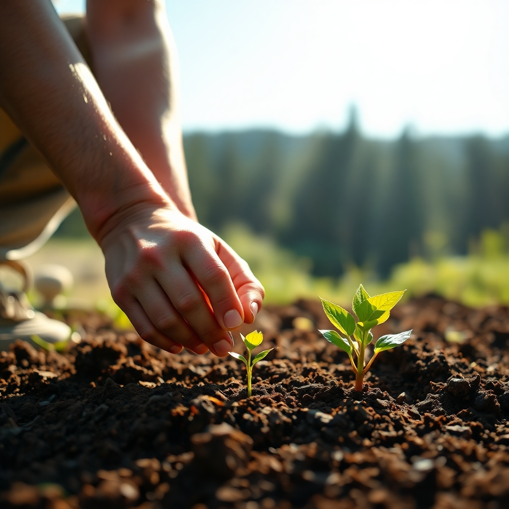 A photorealistic image of a person planting a small seed in rich soil. Sunlight is streaming down on them; a beautiful, green, thriving plant is already growing nearby.  The image should convey growth, resilience, and a sense of nurturing. The background should be a peaceful natural setting, emphasizing the calm and focused nature of the action. The style should be naturalistic and hopeful.