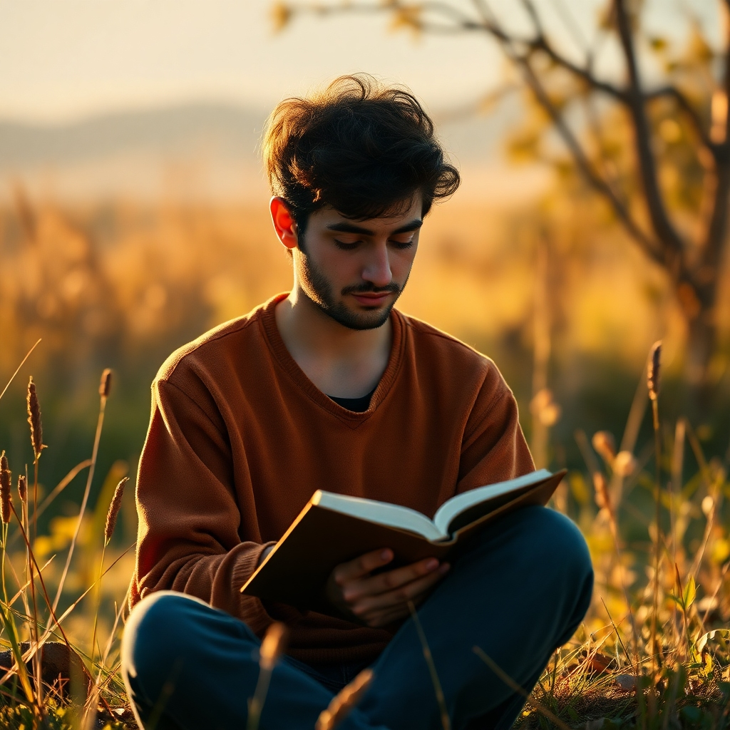 A photorealistic image of a person sitting peacefully in nature, journaling, with a serene background and warm sunlight. The overall mood should be reflective and introspective. The image should have high detail, focusing on the person's thoughtful expression and the natural setting.