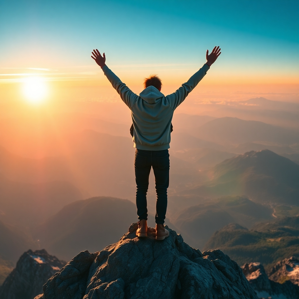 A photorealistic image of a person triumphantly reaching the summit of a mountain, with a panoramic view of a beautiful landscape below. The person should be expressing joy and accomplishment, and the image should be filled with inspiring colors and sunlight. Include elements such as a sunrise or sunset to create a sense of hopeful achievement.