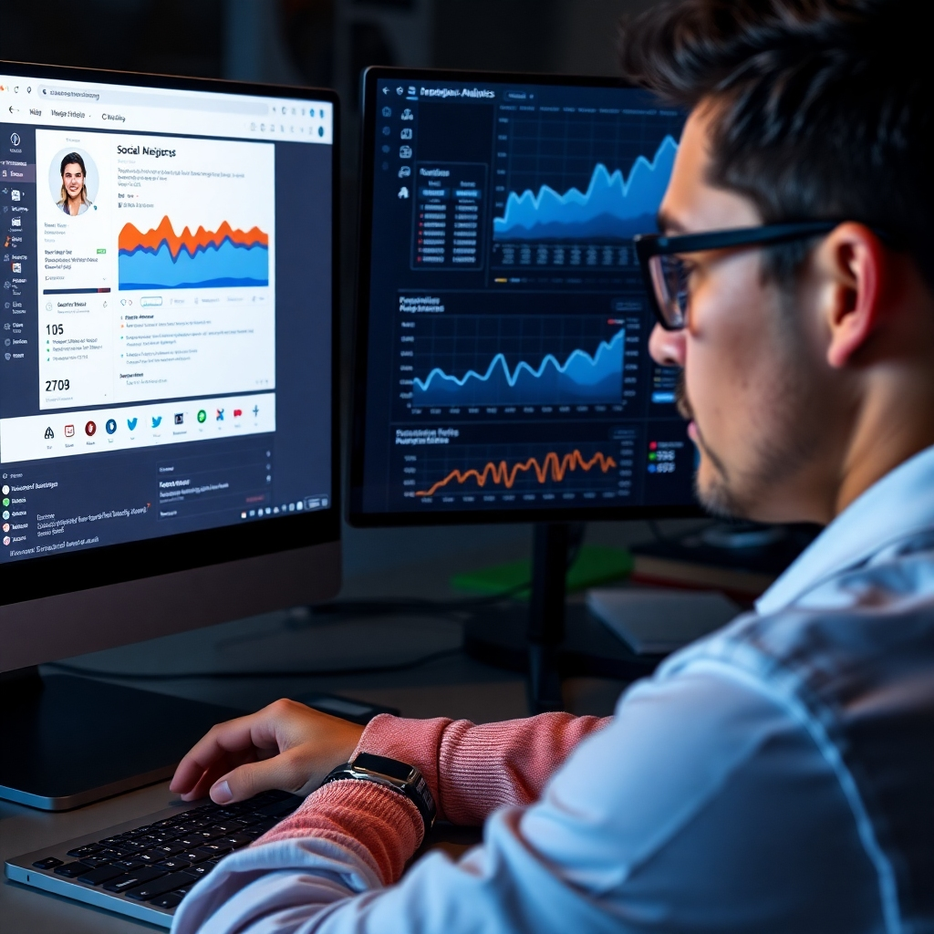 A photorealistic image of a person thoughtfully looking at various social media analytics dashboards.  A second screen shows a well-designed social media post. The background subtly shows a positive trend in engagement metrics.  Overall, the image should project a sense of careful planning and data-driven decision-making in social media marketing.