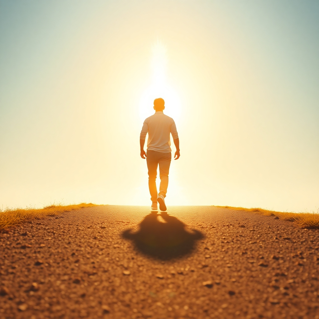 A photorealistic image of a person confidently striding forward on a bright, sunlit path, with a glowing, abstract representation of their potential rising behind them, symbolizing growth and empowerment. The path should be well-defined and lead towards a bright and hopeful future. The overall tone of the image should be optimistic, vibrant, and motivational.