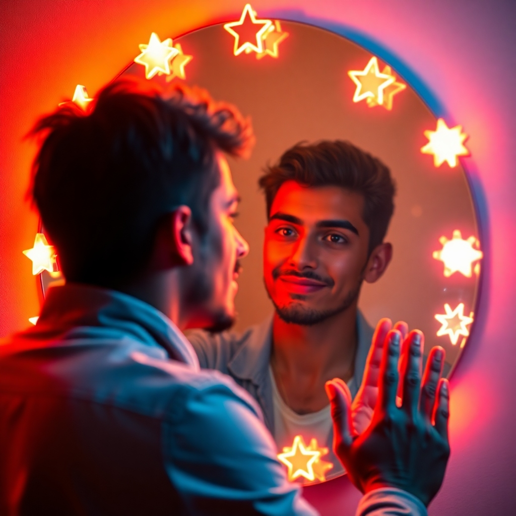 A photorealistic image of a person confidently looking at their reflection in a mirror, surrounded by glowing symbols representing their strengths and talents; use vibrant colors and a positive atmosphere.