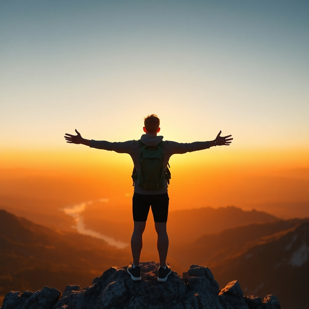 A photorealistic image of a person standing at the top of a mountain, arms outstretched, looking out at a breathtaking sunrise. The scene should be majestic, inspiring a feeling of accomplishment and freedom.  The person should be dressed in modern, athletic attire. The lighting should be warm and golden, emphasizing the sense of hope and achievement. The overall style should be motivational and aspirational.