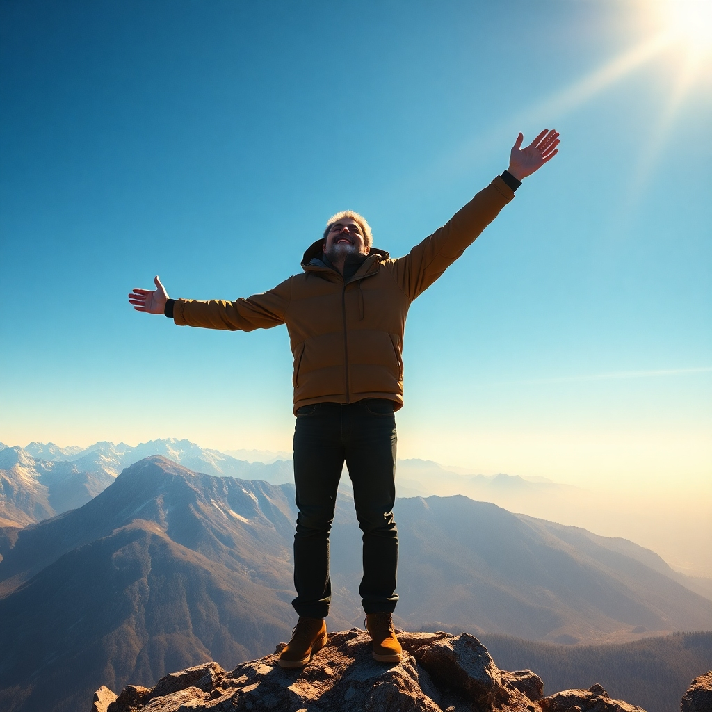 A photorealistic image of a person standing at the summit of a mountain, arms outstretched, bathed in golden sunlight. The background features a breathtaking panoramic view of a majestic mountain range and clear blue sky. The person's expression conveys a sense of accomplishment and joy. The overall mood should be inspiring and uplifting.  High resolution, cinematic lighting, detailed textures.