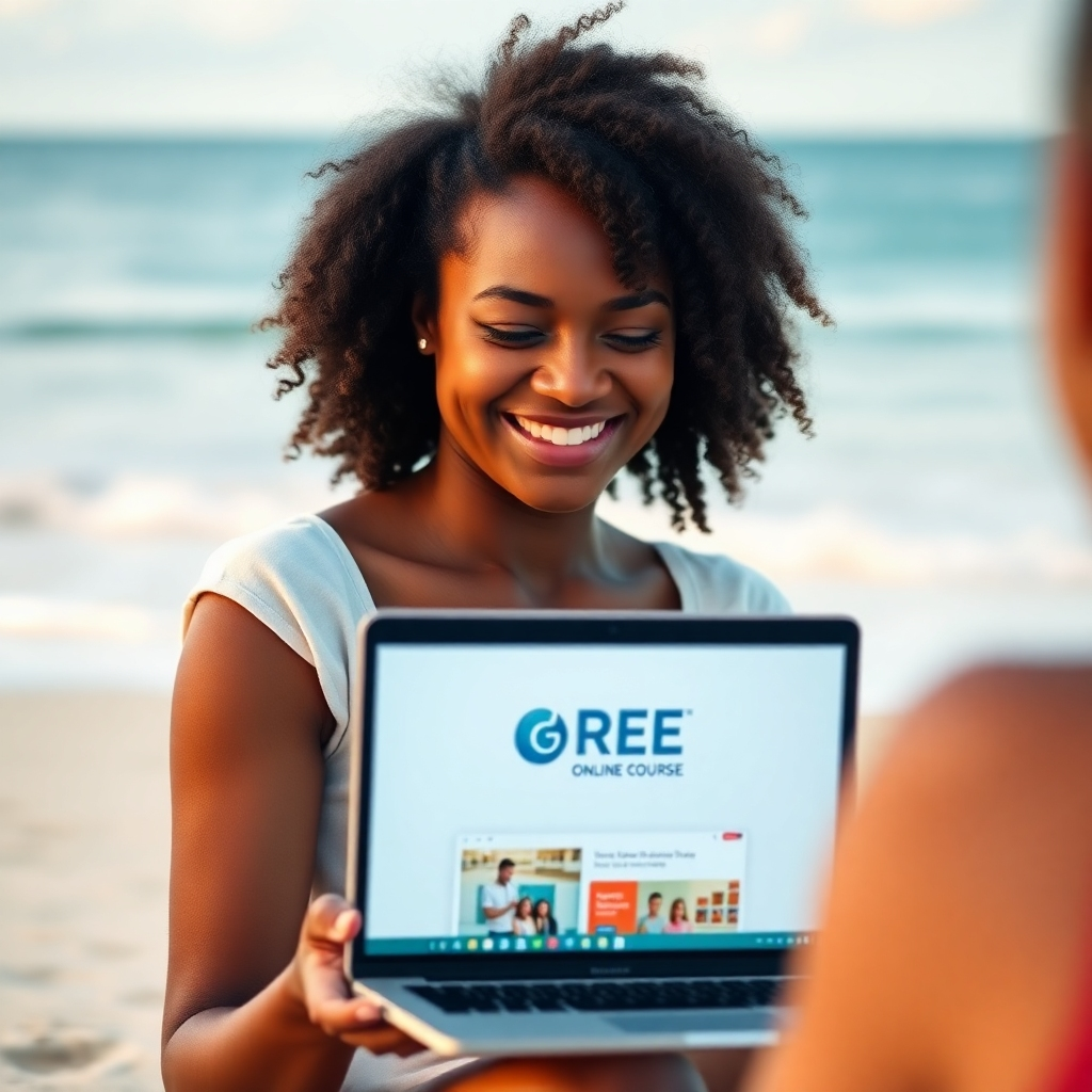 A photorealistic image of a person smiling and looking at a laptop on a beach, with the ocean in the background. The laptop screen displays REE's logo and online course materials. The overall mood is calm, serene, and joyful.  The image should convey the idea of flexibility and freedom in learning.