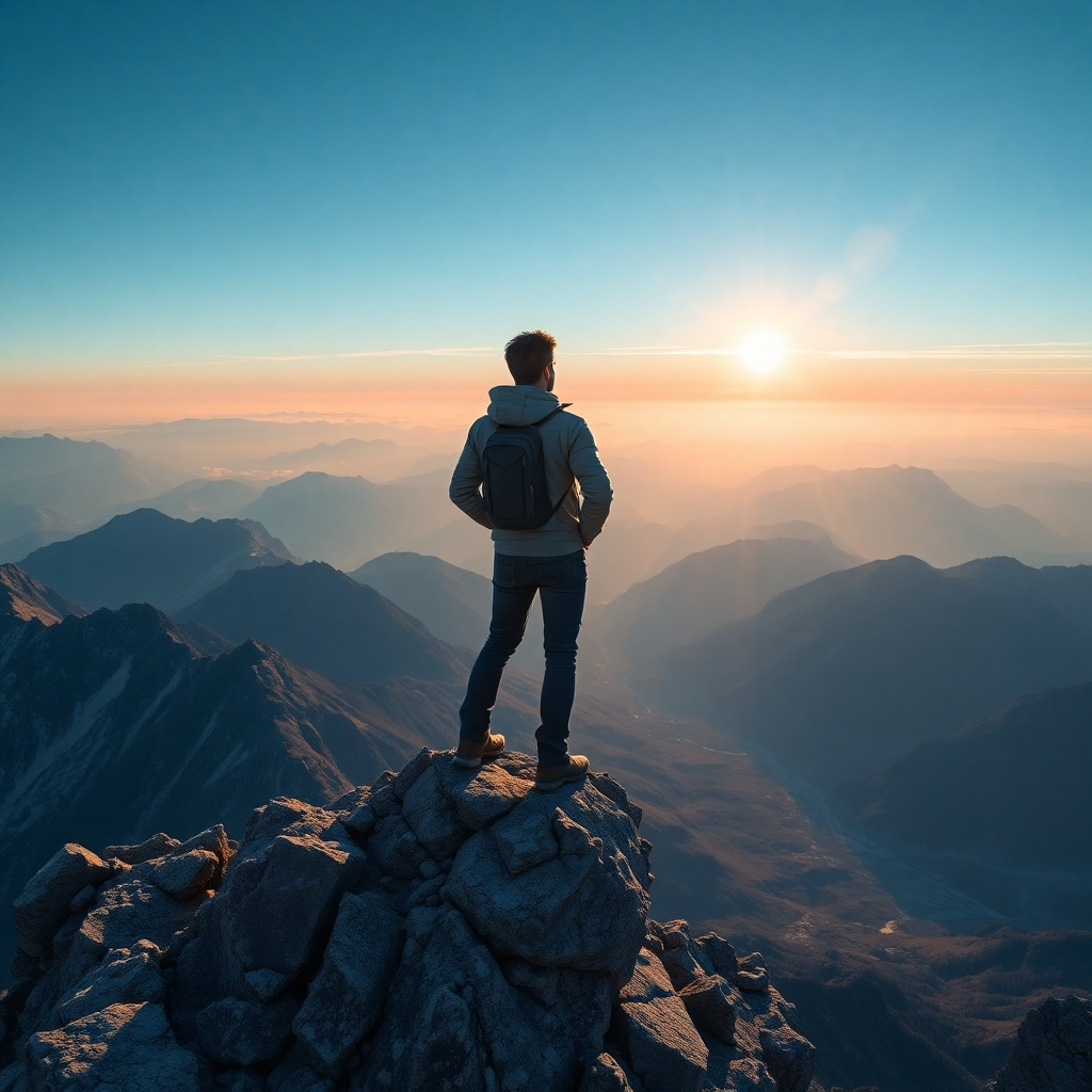A photorealistic image of a person confidently standing at the summit of a mountain, looking at a breathtaking panoramic view. The image should symbolize the achievement of a challenging goal and the feeling of accomplishment. The image should have high resolution and realistic lighting and shadows.