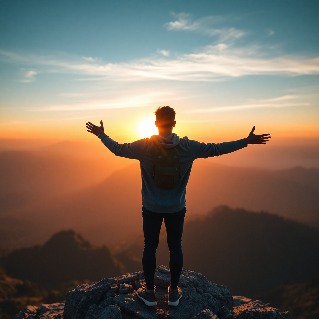A photorealistic image of a person standing at the top of a mountain, arms outstretched, gazing at a breathtaking sunrise. The scene should be serene and inspiring, conveying a sense of accomplishment and freedom.  The person should be of indeterminate ethnicity and gender, wearing comfortable athletic clothing.
