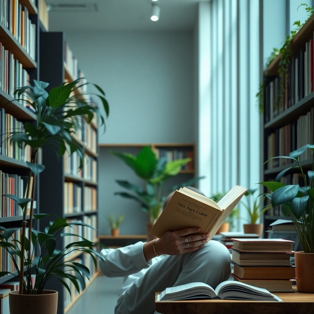 A photorealistic image of a person reading a book in a modern and minimalist library, surrounded by books and plants. The image should depict a sense of calmness and focus, emphasizing the importance of continuous learning and self-improvement.  High detail and natural lighting are essential