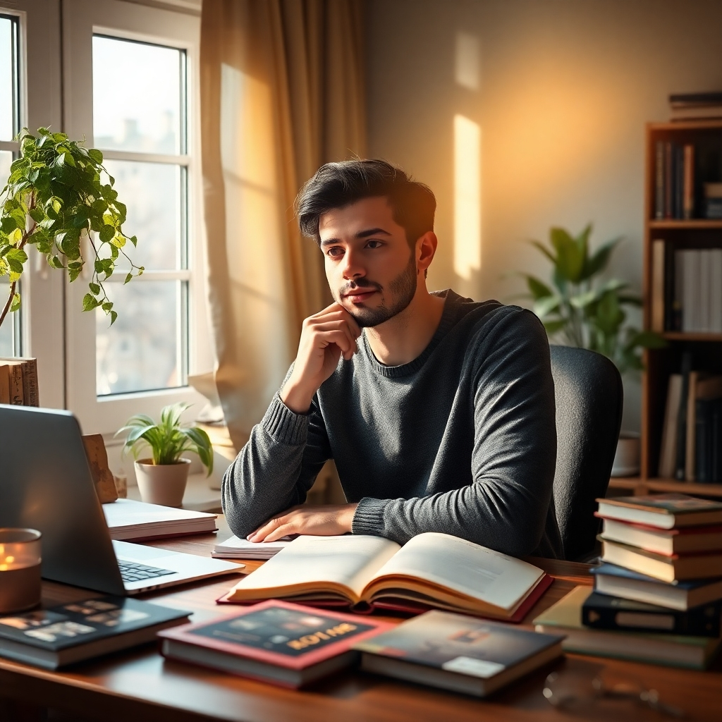A photorealistic image of a person sitting at a desk, surrounded by books, plants, and a laptop. Sunlight is streaming through a nearby window. The person has a calm and focused expression, with their hand resting thoughtfully on a book. The image should evoke a feeling of peace, knowledge, and self-discovery.
