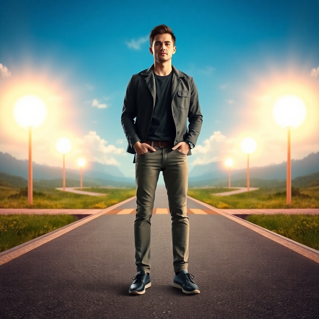 A photorealistic image of a person standing at a crossroads, with multiple paths leading to bright, sunlit destinations, symbolizing potential opportunities. The person should have a determined yet hopeful expression, wearing modern, stylish attire. The background should be a vibrant, natural setting.