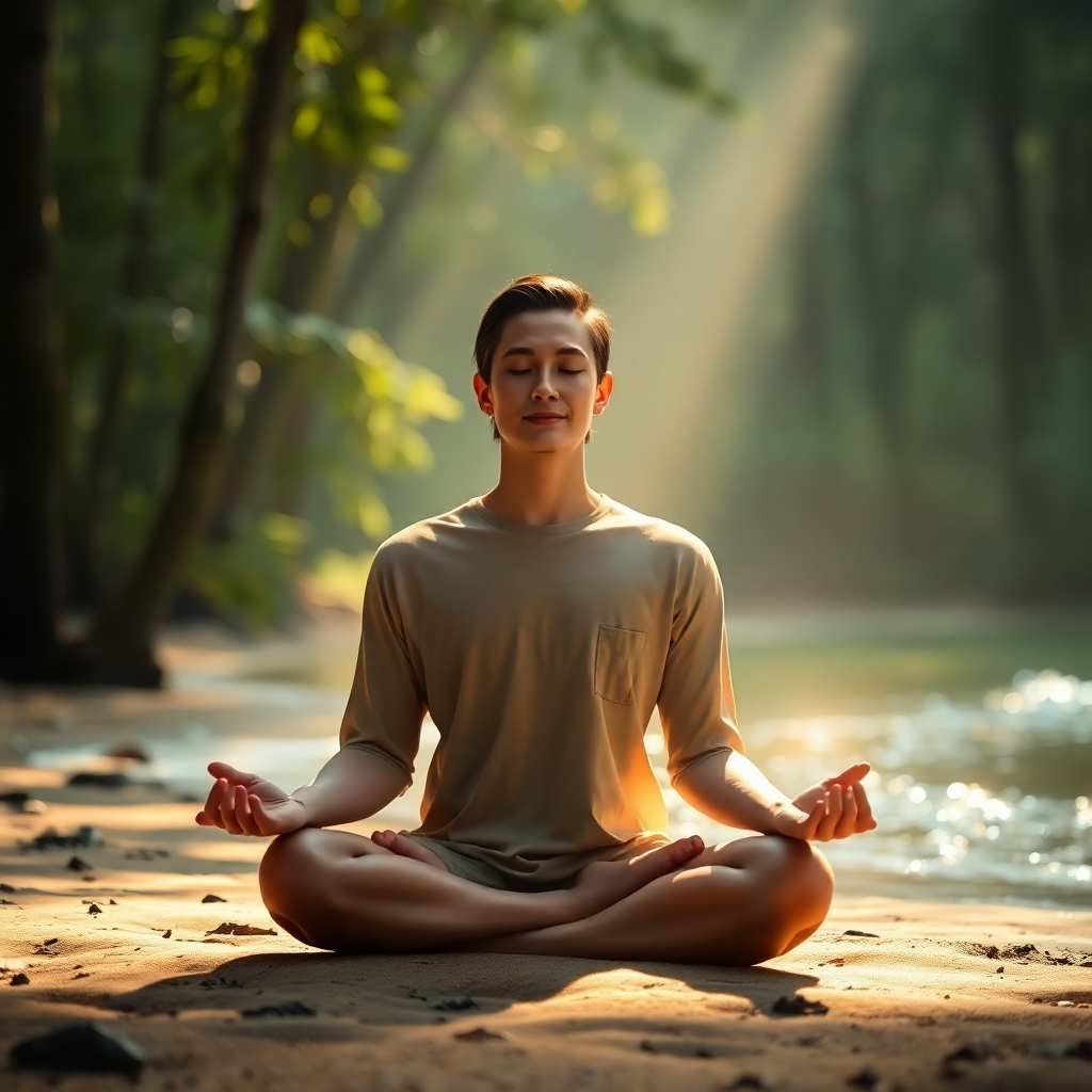 A photorealistic image of a serene individual meditating in a peaceful natural environment. The person should be radiating calm and inner peace.  The surrounding should be filled with soft, natural light and calming colors, showcasing a tranquil forest or beach setting. Include visual elements representing mental clarity, such as glowing light or flowing water.
