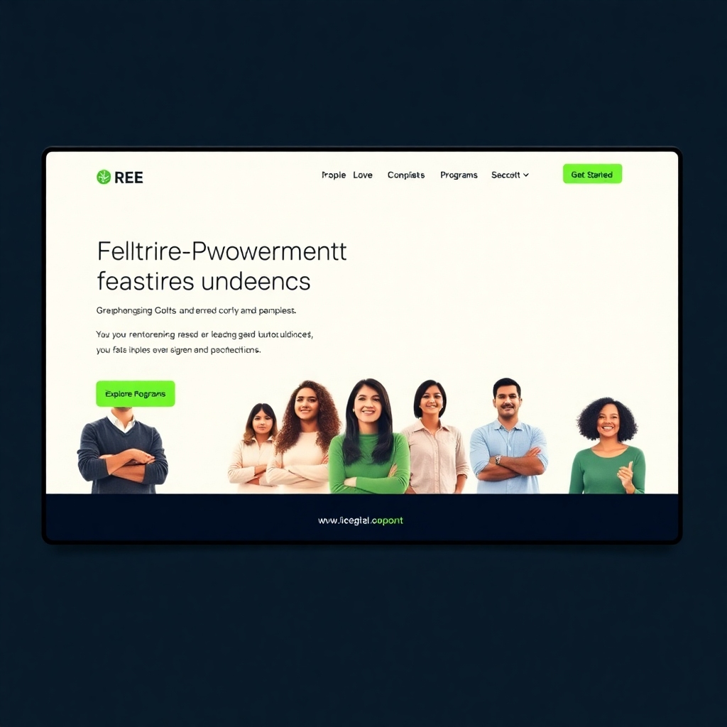 A photorealistic image of a sleek website homepage for REE Personal Development.  The design should be minimalist and modern, featuring calming earth tones with pops of vibrant green.  High-quality images of diverse people looking confident and engaged should be subtly incorporated. The navigation should be clear and easy to understand, with prominent calls to action (CTAs) like 'Explore Programs' and 'Get Started'. The background should have a subtle texture suggesting growth and potential. The overall feeling should be one of calm confidence and empowerment.