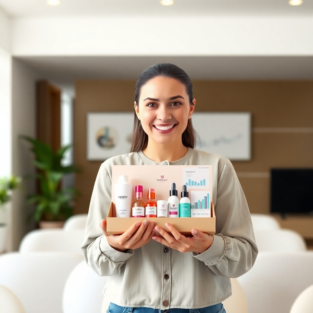 A photorealistic image of a smiling woman holding a box of health and beauty products, with a laptop showing a sales dashboard in the background.  Bright, well-lit setting, emphasizing success and satisfaction. High-resolution, professional photography style.