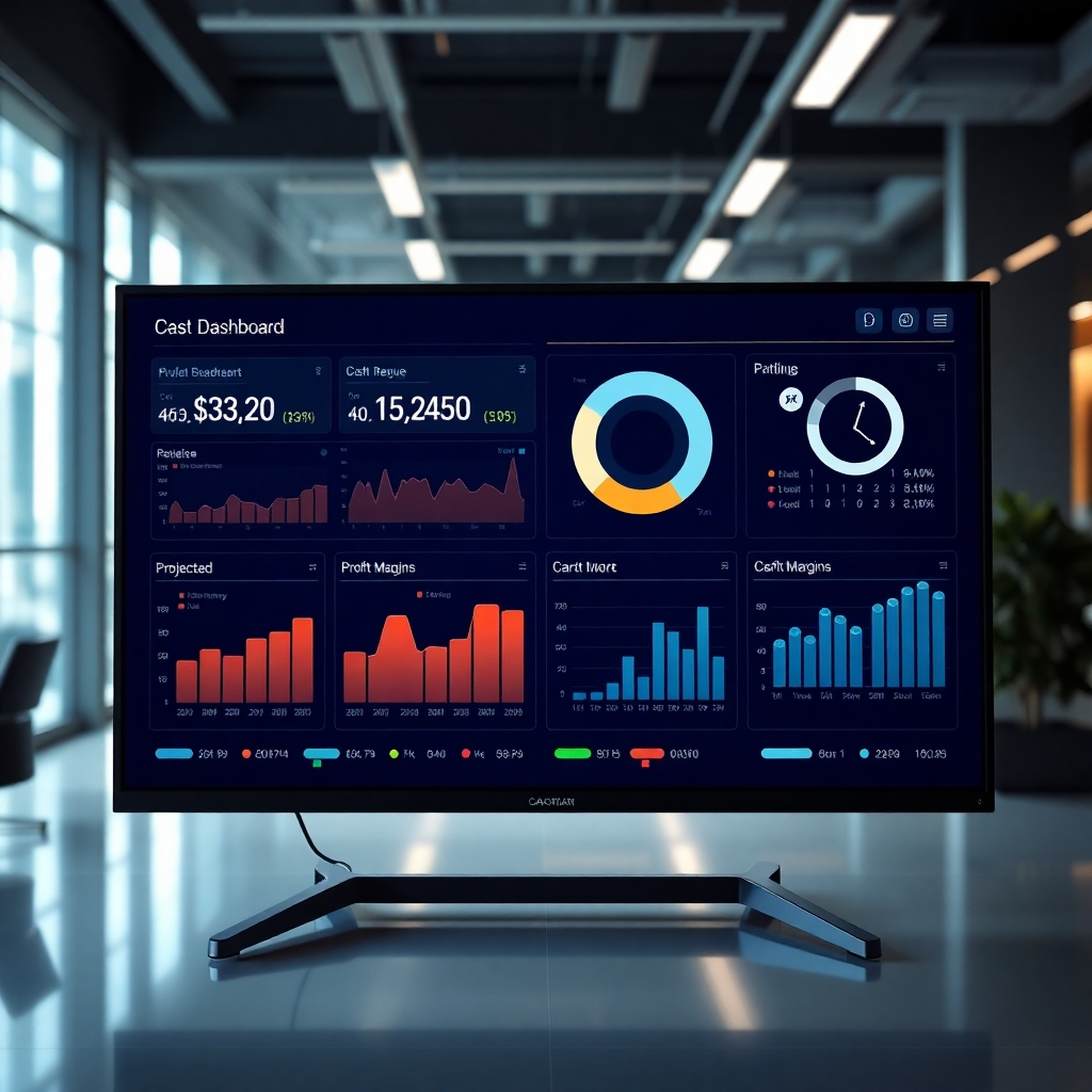 A photorealistic image of a sophisticated financial dashboard on a large monitor, displaying key financial metrics such as projected revenue, profit margins, and cash flow.  The background should subtly show a modern office space. The image should emphasize clarity, precision, and data visualization.