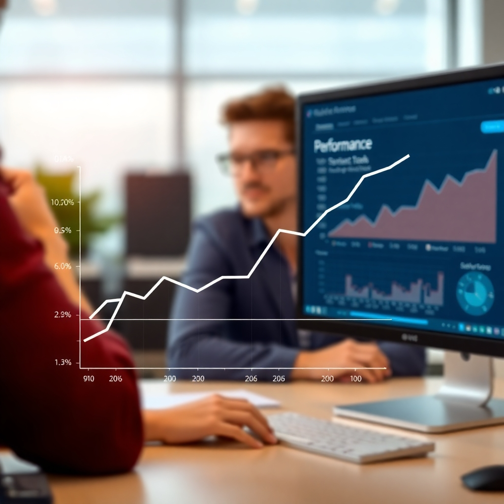 A photorealistic image of a stylized graph showing significant performance improvement.  The graph should be clean and easy to understand, with clear data points. In the background, a blurred image of a person confidently looking at a computer screen displaying the MyServicesMadeEasy platform, highlighting automation and efficiency.