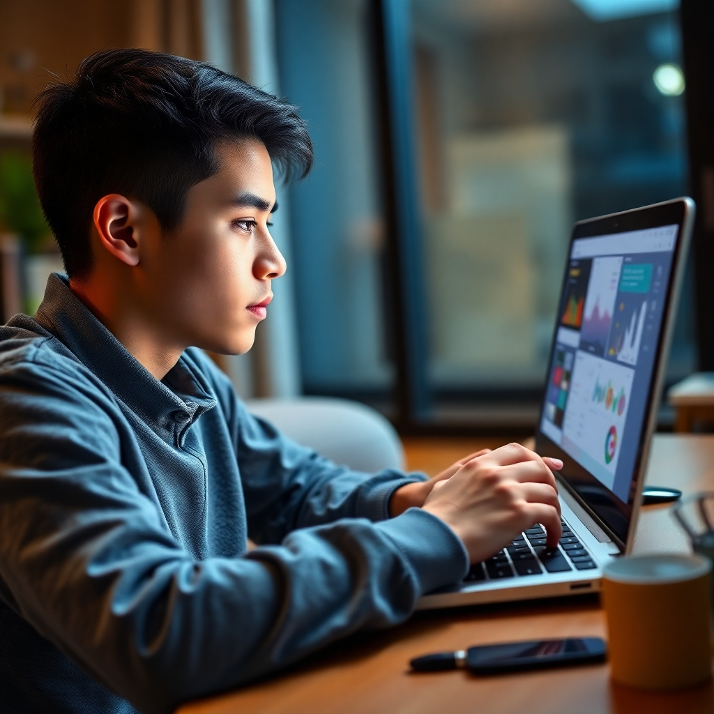 A photorealistic image of a student using a laptop, actively participating in an interactive online learning module.  The screen should clearly show engaging visuals, such as charts, diagrams, or simulations, related to the course material. The student should have a focused and interested expression, highlighting the effectiveness of the interactive module. The background should suggest a comfortable and modern home office or study space, emphasizing the flexibility of online learning.
