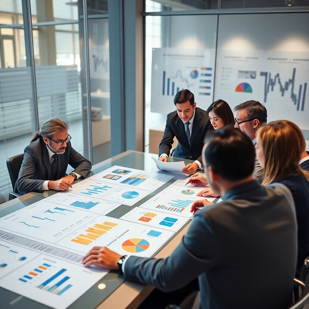 A photorealistic image of a team of business professionals collaborating around a large table, deeply engaged in analyzing charts and graphs depicting market trends, sales data, and competitor analysis. The scene should be bright and modern, suggesting a collaborative and data-driven approach. High-resolution, detailed, professional setting.