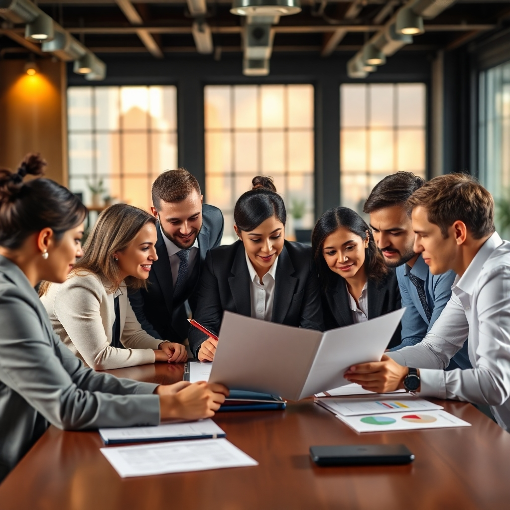A photorealistic image of a team of diverse business professionals collaborating around a large table, deeply engaged in reviewing a professionally bound business plan document, with a warm, inviting office environment in the background emphasizing teamwork and expertise.