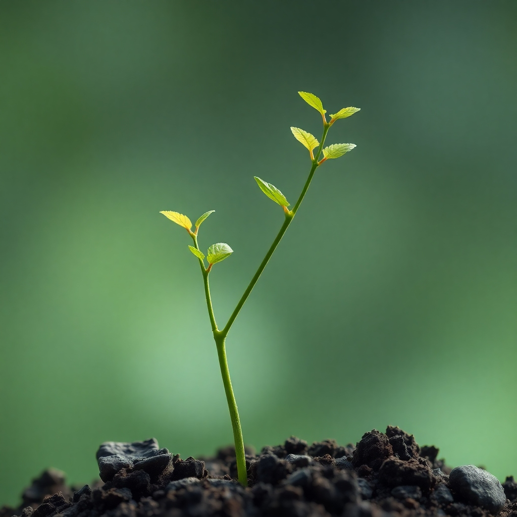 A photorealistic image of a thriving plant growing upwards, symbolizing consistent personal growth; use soft lighting, natural elements, and a peaceful background.