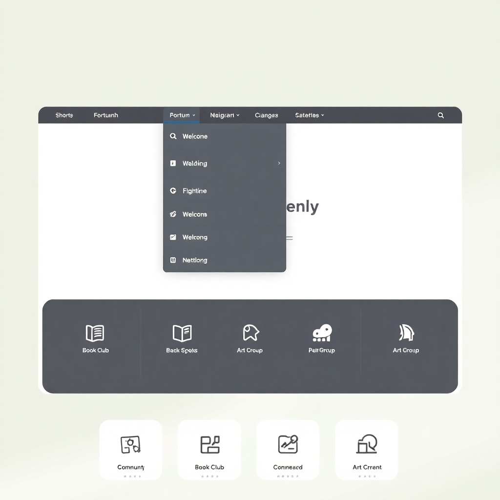 A photorealistic image of a website homepage with a clean, intuitive navigation menu.  The menu should clearly display 10+ different community group names with accompanying icons. Each community group's icon should reflect its unique theme (e.g., a book for a book club, a paintbrush for an art group). The background should be a soft, welcoming color, and the overall design should be modern and minimalistic.