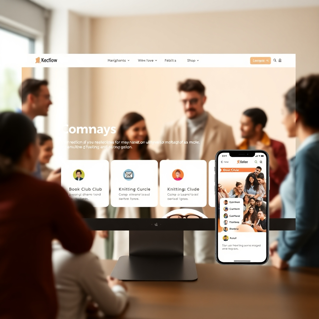 A photorealistic image of a website homepage with a clean, modern design.  The navigation bar is prominently displayed, clearly showing different community group names (e.g., 'Book Club', 'Gamers Guild', 'Knitting Circle'). Each community name has a subtly different color or icon for easy identification. The background features diverse people interacting in a positive setting, reflecting the website's inclusive nature. The overall feel is bright, welcoming and easy to navigate. The image should show a desktop view and a mobile view in a split-screen, demonstrating responsiveness.
