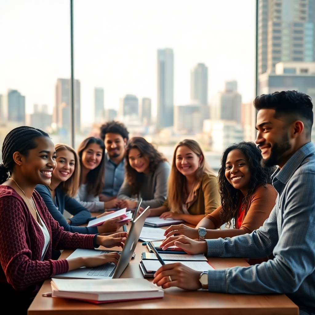 A photorealistic image of diverse group of people actively participating in a workshop, smiling and engaged with laptops, books and workbooks; the background subtly shows a cityscape with a mix of modern and older buildings, suggesting both urban challenges and opportunities; lighting should be natural and warm, creating a positive and inviting atmosphere; overall style should be modern and inspiring