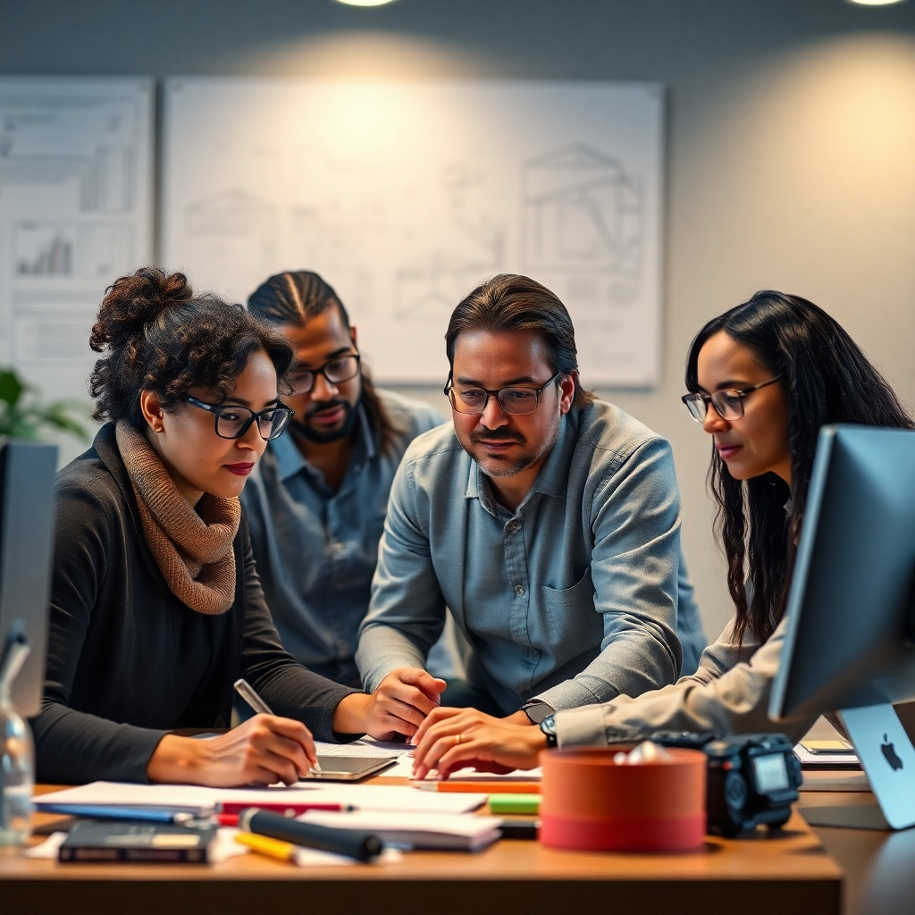 A photorealistic image of diverse group of professionals actively participating in a training session. The background should subtly feature relevant industry equipment or tools, such as a computer for IT, a blueprint for construction, or art supplies for design. The mood should be one of focused collaboration and engagement.  High resolution and professional lighting are needed. The image must portray a sense of modern, professional training environment.
