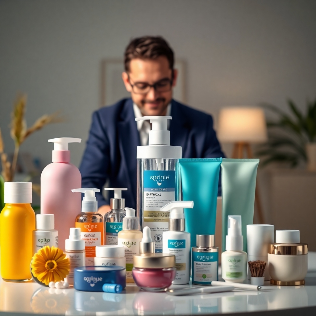 A photorealistic image of various high-quality health, beauty, and home care products artfully arranged.  The background features a supportive mentor guiding a new recruit. The setting is professional but approachable and inviting. The image should communicate trust and quality.