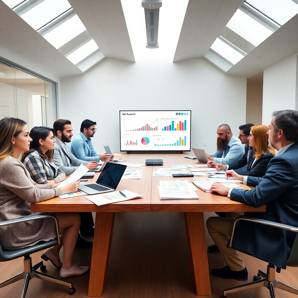 A photorealistic image, rendered in 8K resolution, showcasing a team of business professionals collaborating around a large table in a modern, bright conference room. The table is scattered with market research reports, laptops, tablets, and colorful charts.  Soft, diffused lighting from skylights creates a welcoming atmosphere. The team is diverse and engaged, actively discussing data presented on a large central screen. The color palette is bright and energetic, reflecting the dynamic nature of market analysis. The camera angle is slightly elevated, capturing the entire group in a natural setting. The image exudes a sense of collaboration and success.  The materials are highly detailed—the texture of the reports, the metallic sheen of the tablets, the wood grain of the table.  The background is out of focus, emphasizing the team's interaction.  The style references the vibrant and collaborative approach of contemporary business photography. The image should evoke a feeling of confidence and innovation. The overall effect should be hyperrealistic, with extreme detail on textures and lighting.
