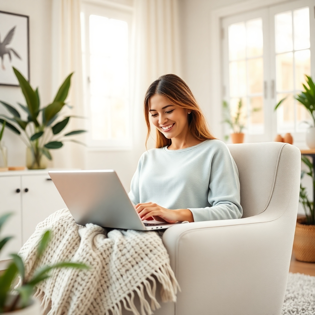 A photorealistic image, rendered in 8K resolution, shows a woman (30s) sitting in a comfortable, modern armchair in a bright, airy home office.  Soft, warm natural light fills the room.  The color palette is a mixture of warm whites, creams, and light blues, evoking a sense of calm and productivity. The camera angle is slightly elevated, looking down at the woman, who is smiling and focused on her laptop screen. The room features a minimalist design with lots of natural light, plants, and textural elements like a knitted throw blanket. The laptop shows a blog post interface with a captivating headline.  The overall mood is one of creativity and inspiration. The texture of the materials is highly detailed, showing the soft wool of the blanket, the smooth surface of the laptop, and the intricate details of the plants. The style should be similar to that of a lifestyle blog or magazine, aiming for an inviting and relatable atmosphere.  A hyperrealistic style is desired, showcasing ultra-detailed textures and lighting, to create a high-quality, aspirational image.