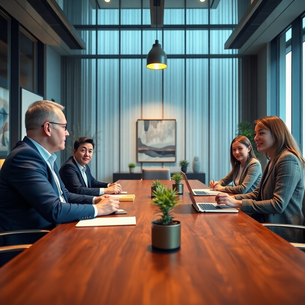 A photorealistic image rendered in 8K resolution, depicting a meeting between a team of Certification International Ltd. professionals and a client representative in a sophisticated conference room with floor-to-ceiling windows allowing soft natural light.  The scene is warm and inviting with a color palette focused on deep blues and neutral tones. The camera angle is slightly low, emphasizing the client and the collaborative atmosphere. The textures and materials include the rich wood of the conference table, the plush fabric of the seating, and the subtle textures of professional clothing. Environmental elements include modern artwork, potted plants, and technology seamlessly integrated into the space.  Props might include presentation materials, laptops, and notebooks. The background should be subtly blurred, keeping the focus on the meeting participants.  The style should be similar to a high-end corporate brochure shoot, projecting confidence and professionalism.  The image should evoke feelings of collaboration, trust, and tailored solutions.  Extreme attention to detail is necessary, ensuring hyperrealistic rendering with ultra-detailed textures and realistic skin tones and hair.