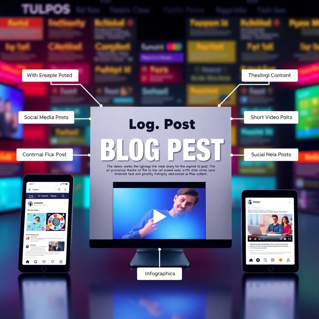A photorealistic image showcasing a central, high-quality blog post being transformed into multiple other formats: an infographic, a short video clip, several social media posts. Each format should be clearly labeled and visually distinct, emphasizing the versatility of the original content. The background should use a vibrant, color-coded system to organize the different content types.