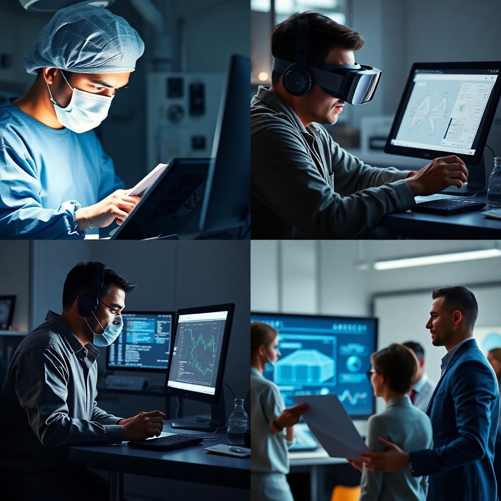 A photorealistic image showcasing professionals in various industries using specialized equipment; a surgeon performing a delicate operation, a software engineer coding on a high-tech computer, an architect reviewing blueprints with a VR headset, and a marketing executive giving a presentation to a group of colleagues. Each scene is realistically rendered, highlighting professionalism and specialized knowledge. High-resolution image with excellent lighting and detailed textures.