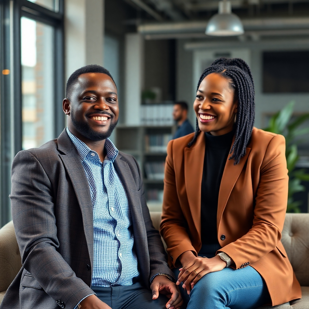 A photorealistic image showcasing a Black entrepreneur receiving one-on-one mentorship from a successful business leader. The setting could be a modern co-working space or a comfortable office.  The image should convey a sense of trust, guidance, and collaboration. Emphasize positive body language and a feeling of empowerment.