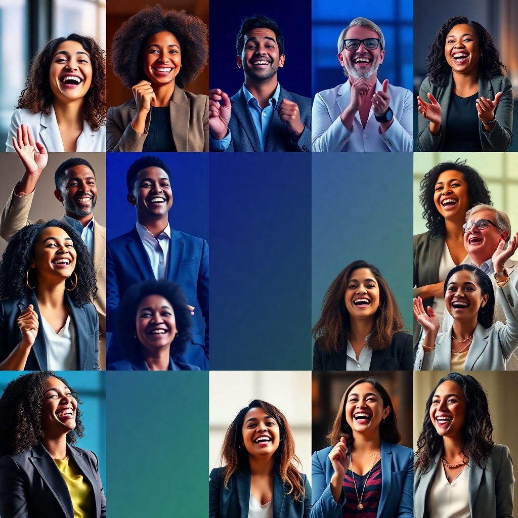 A photorealistic image showcasing a montage of success stories.  Include diverse individuals, possibly in various professional settings, expressing joy and achievement.  Integrate subtle visual elements representing career growth (e.g., awards, promotions, confident poses) with integrated REE logo and color scheme.  The overall mood should be celebratory and inspiring.