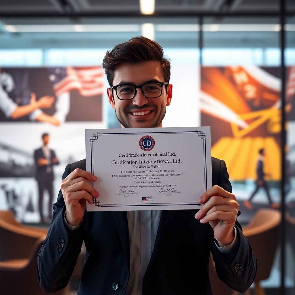 A photorealistic image showcasing a confident professional proudly displaying their Certification International Ltd. certificate. The background should subtly incorporate imagery related to their professional field, showcasing a modern and professional setting. The lighting should be soft and flattering, emphasizing the certificate and the individual's sense of achievement.