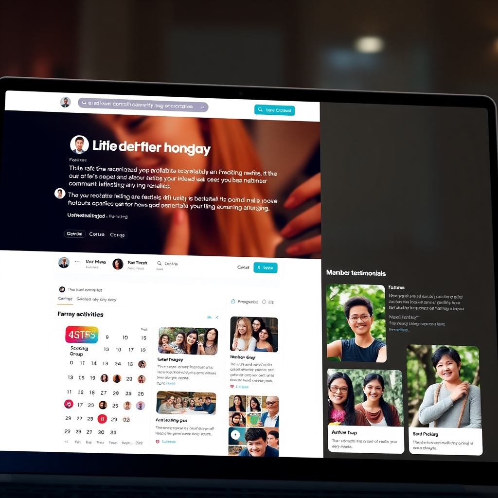 A photorealistic image showcasing a website's interior page for a specific community group.  The page shows an interactive forum with diverse user avatars and comments, an event calendar with upcoming activities, and member testimonials with pictures of happy users. The design elements, such as colors, fonts, and imagery, should reflect the theme of the specific community group (e.g., vibrant colors for a gaming group, earthy tones for a gardening group).  The overall feel is dynamic and engaging, encouraging interaction and a sense of belonging.