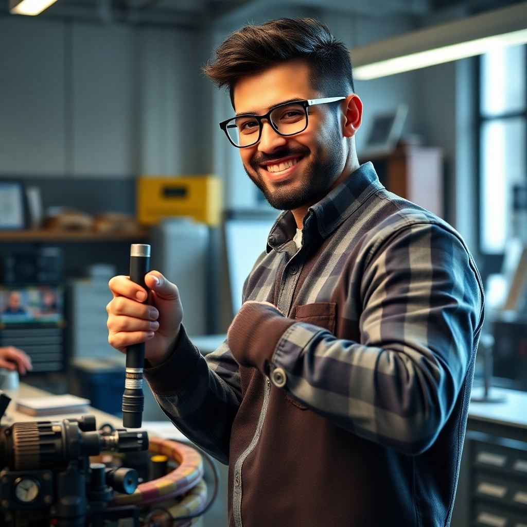 A photorealistic image showcasing a confident individual successfully completing a challenging task in a professional setting. The individual should be using industry-standard tools or technologies and show a look of accomplishment and satisfaction. The background should be a modern, professional workspace. The image needs to evoke a sense of achievement and competence.